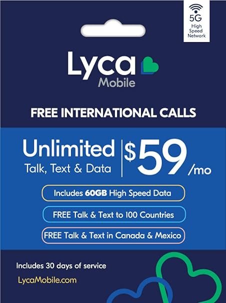 Lyca Mobile USA Prepaid 5G/4G SIM Card | $59 Plan | Unlimited Talk, Text & Data | 60GB High Speed Da
