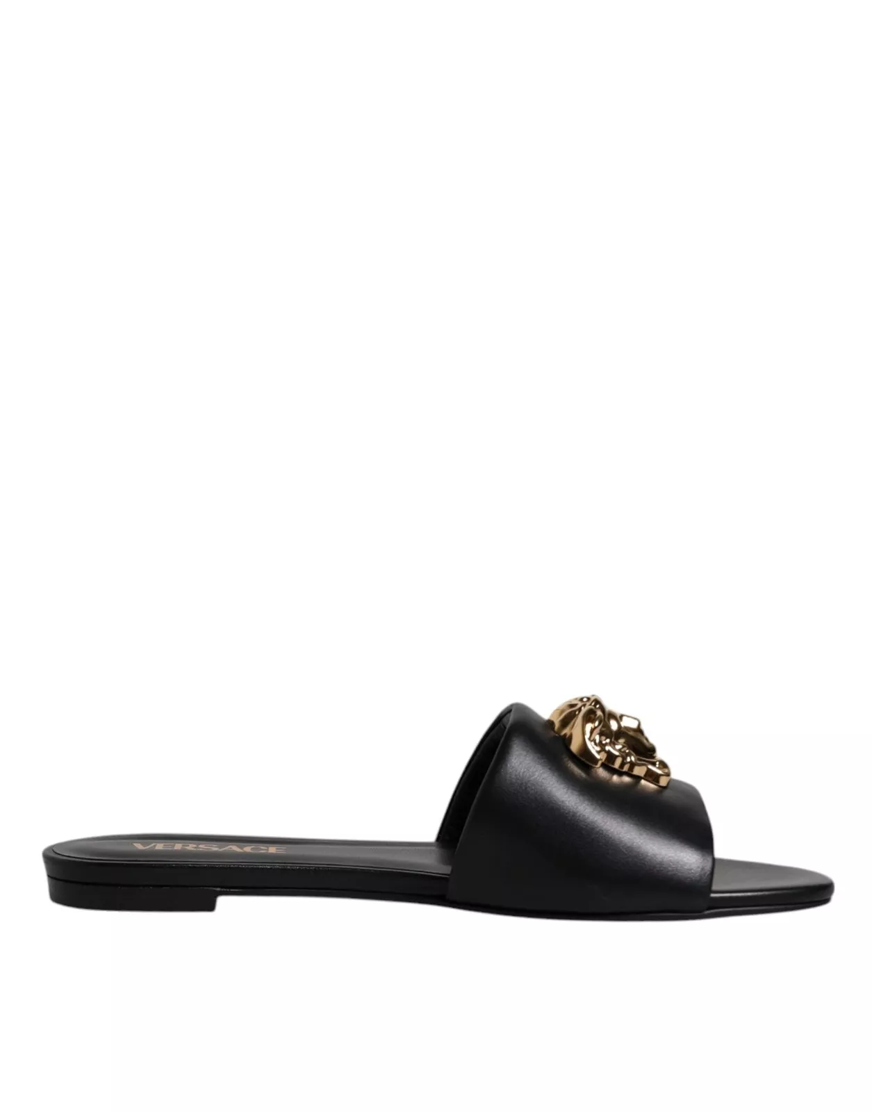 VERSACE Women Black Sandals 100% Leather Logo Plaque Solid Slide Shoes Sz EUR 38