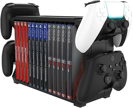 Games Stand for PS5, PS4, XBOX Series X, XBOX One, Switch, Blu Ray Movie Discs - With 4 Controller H