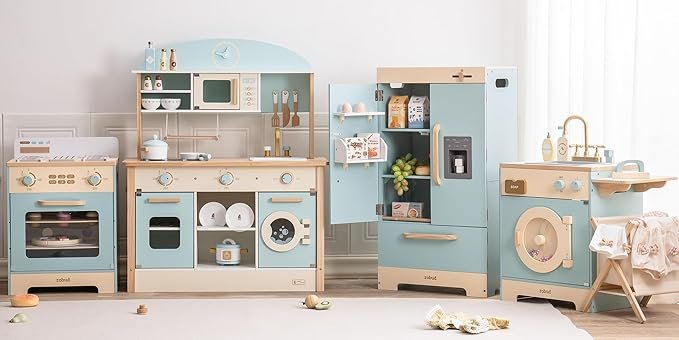 ROBUD Kids Corner Kitchen Playset, Wooden Play Kitchen Set with Realistic Sound, Ice Maker, Fridge, 