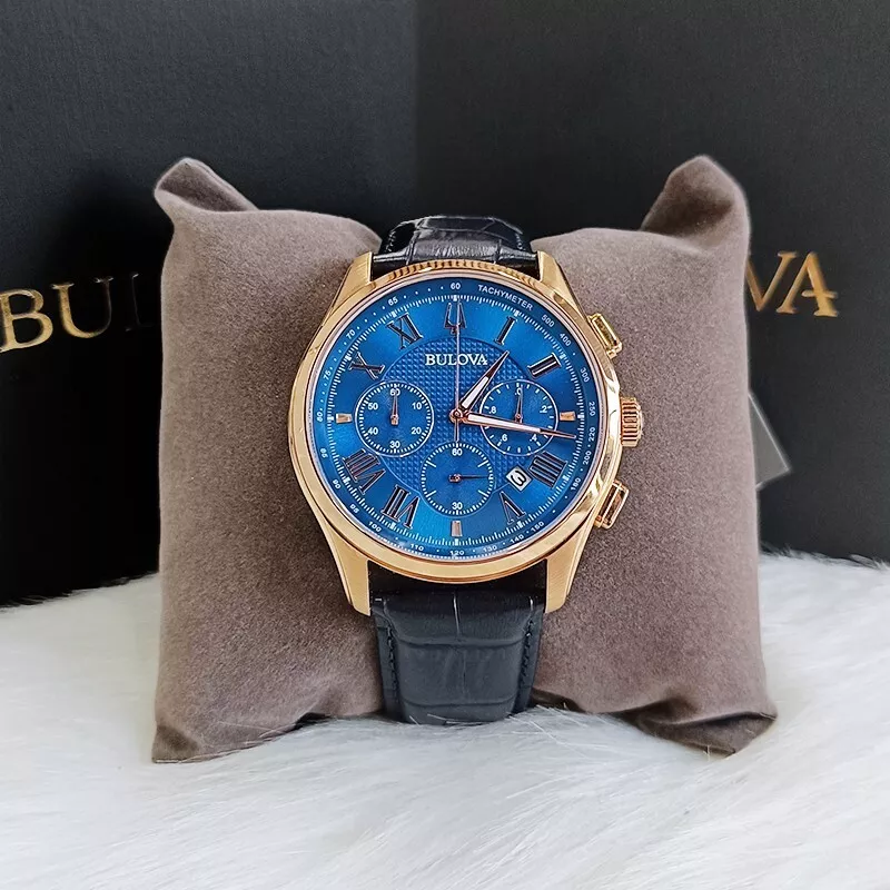 Men's Bulova Wilton Blue Classic Chronograph 97B170 Quartz Leather Watch 46.5mm