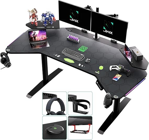 JWX Dual Motor Standing Gaming Desk with Aluminum Alloy Led Lights, 72'' Wing Shaped Large Gaming St