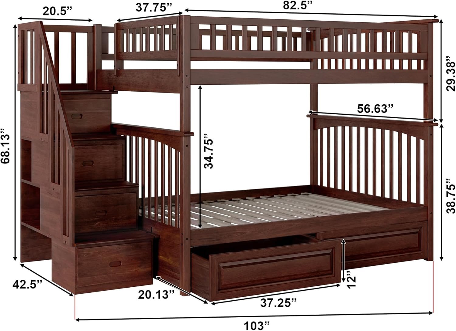 AFI Columbia Full Over Full Size Staircase Bunk Bed with Raised Panel Bed Drawers in Walnut